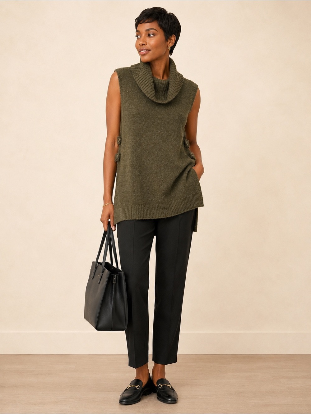 Ruby Moon Olive Green Sleeveless Cowl Neck Sweater Tunic Vest Large